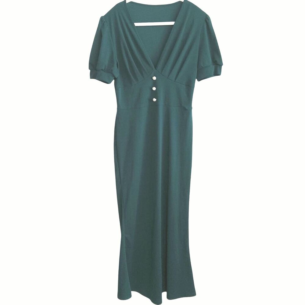 Retro glam emerald green pin up dress Sz S pleated faux pearl puff milk maid - Picture 2 of 6